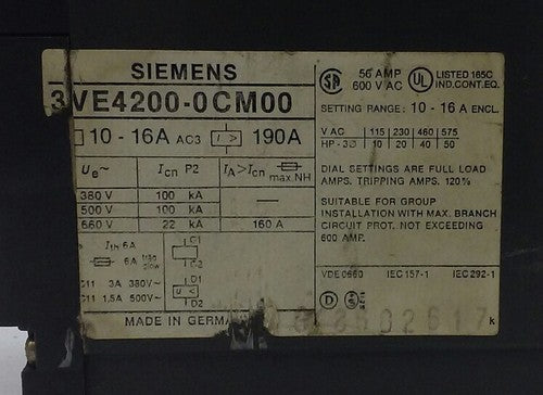 SIEMENS 3VE4200-0CM00 CIRCUIT BREAKER (3VE42000CM00) 3-POLE1