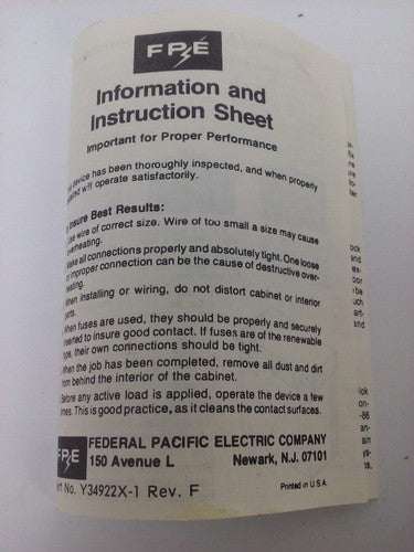 FPE 1132R FUSIBLE HEAVY DUTY SAFETY SWITCH 3P, 100A, 240VAC, 4 WIRE, 30HP10