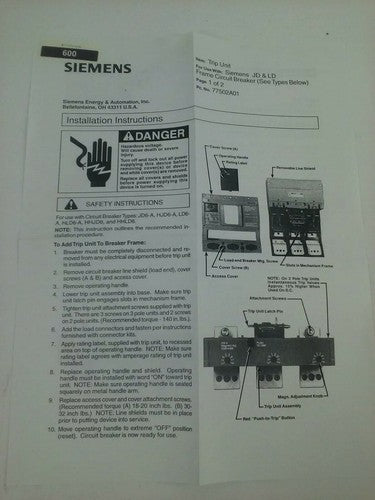 SIEMENS LD62T600 SENTRON MCCB TRIP UNIT ONLY 2P 600A 600V FRAME LD TYPE LD66