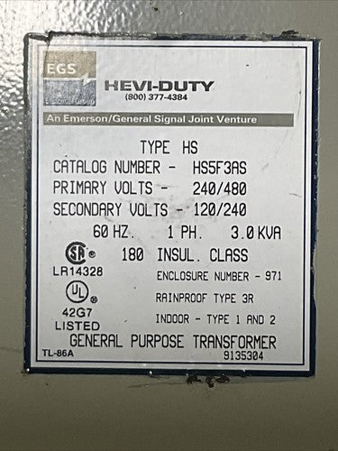 EGS HS5F3AS PRI VOLTS 240/480 SEC VOLTS 120/240 1PH 3.0KVA TRANSFORMER5