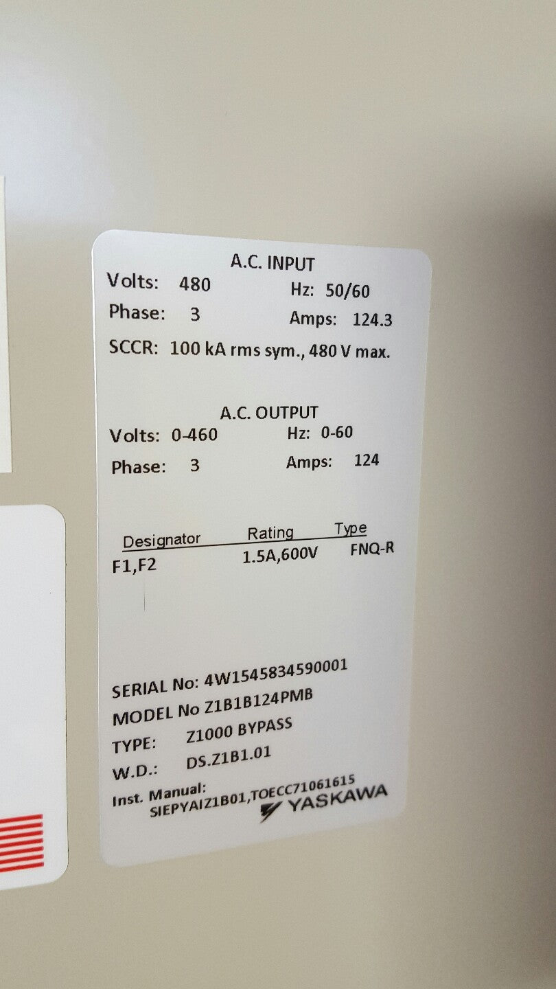 YASKAWA Z1000 CIMR-ZU4A0124AAA 3R DRIVE INVERTER 50/60HZ 400V 124A 3PH BYPASS3