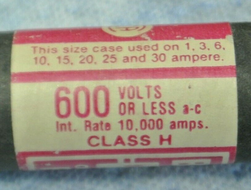 LOT of 8 / BUSS NOS10 CLASS H ONE-TIME FUSES / 10A / 600V / NEW SURPLUS / NOS-52