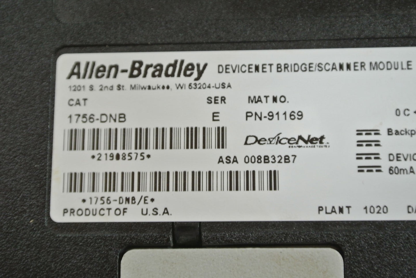 ALLEN-BRADLEY 1756-DNB DEVICENET BRIDGE / SCANNER MODULE - SERIES E10