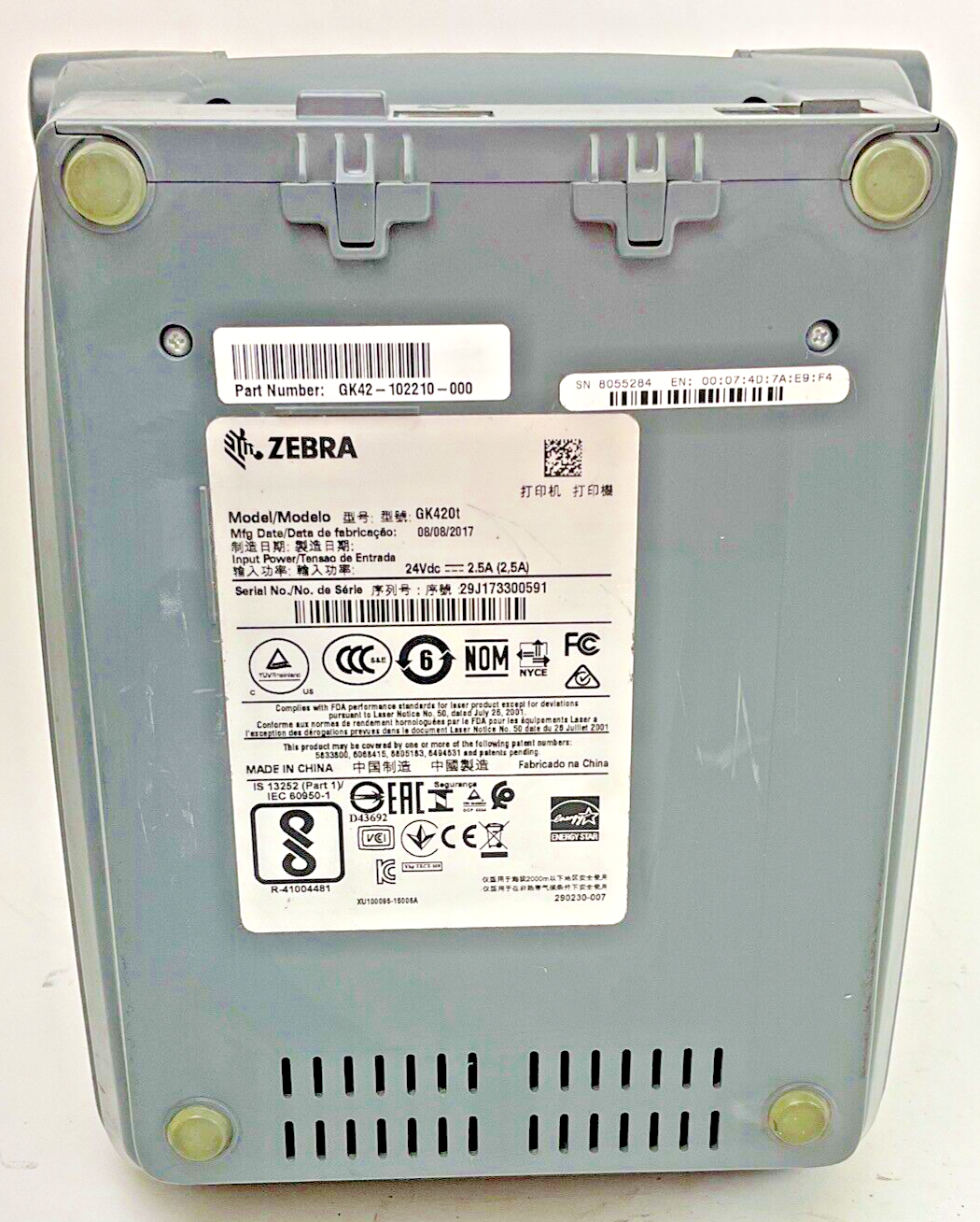 ZEBRA GK420T THERMAL LABEL PRINTER 24VDC 2.5A *NO POWER CORD*8