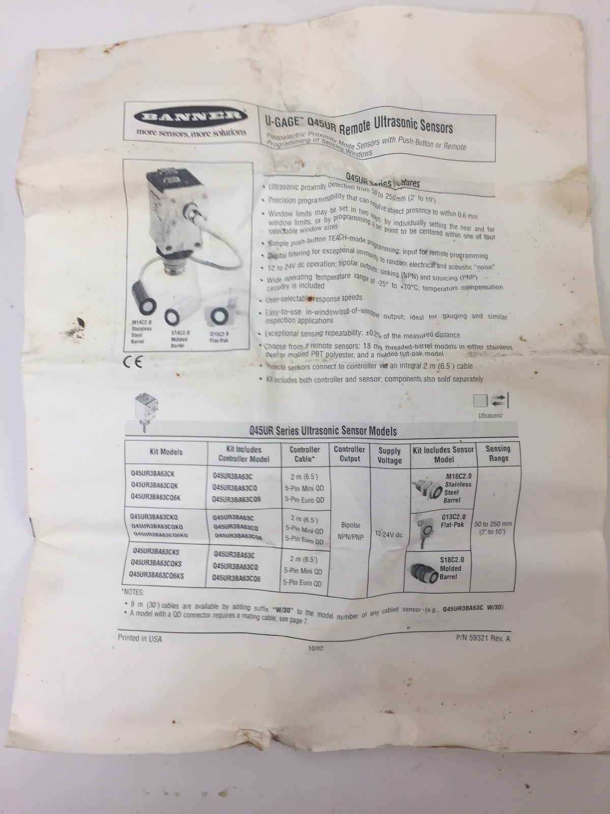 BANNER Q45UR3BA63CQ6 REMOTE ULTRASONIC SENSOR 12-24VDC 150mA6