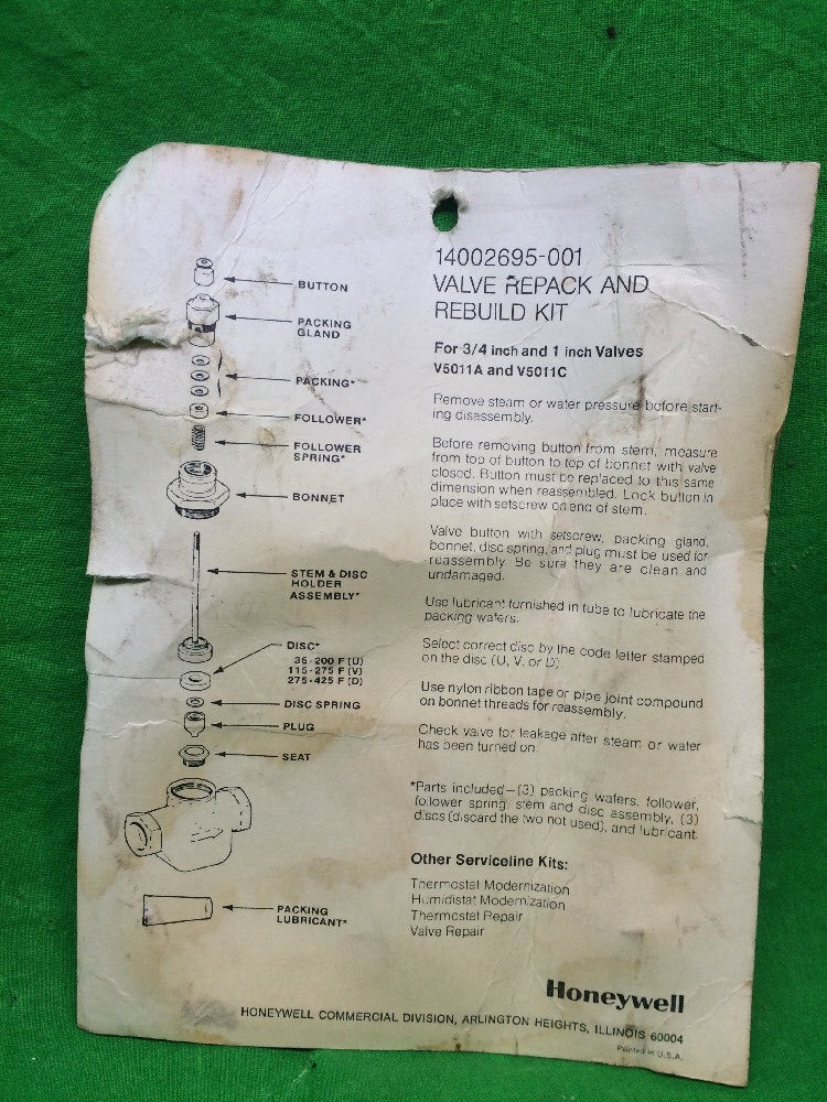 HONEYWELL 14002695-001 VALVE REPACK AND REBUILD KIT V5011A/C1