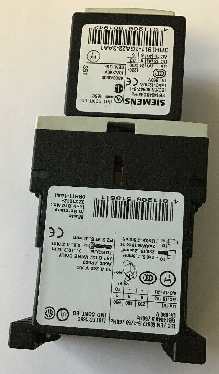 Siemens 3RH1262-1BB40 CONTACT Relay 24VDC Coil W/ 3RH1911-1GA22-3AA1 Aux.Contact5