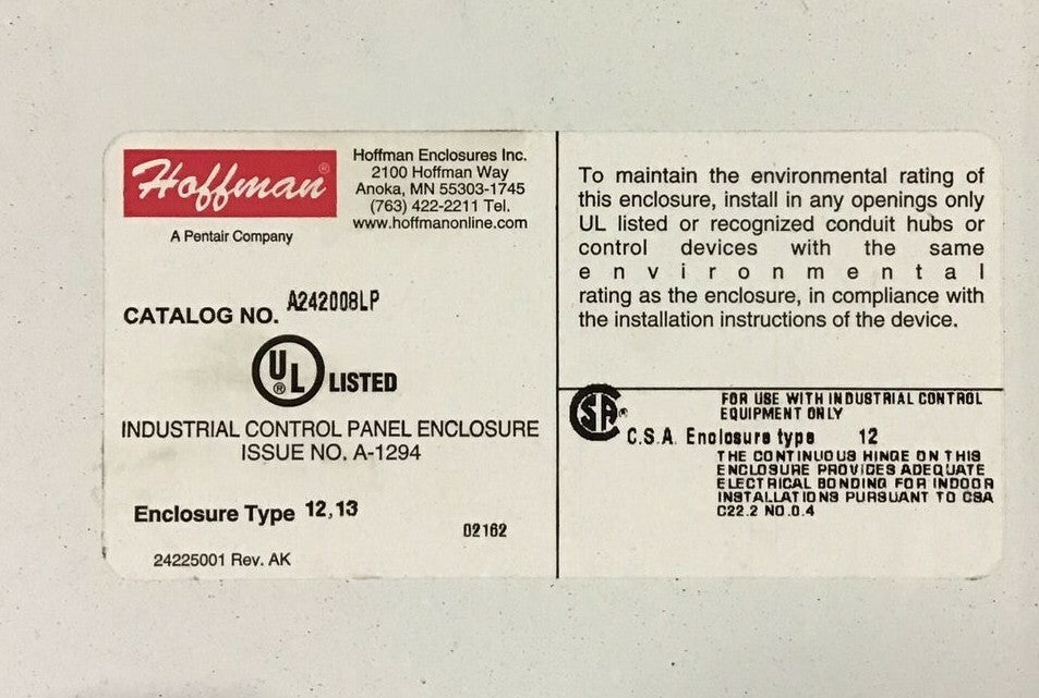 HOFFMAN 460VOLT PRIMARY 24VOLT CONTROL A242008LP7