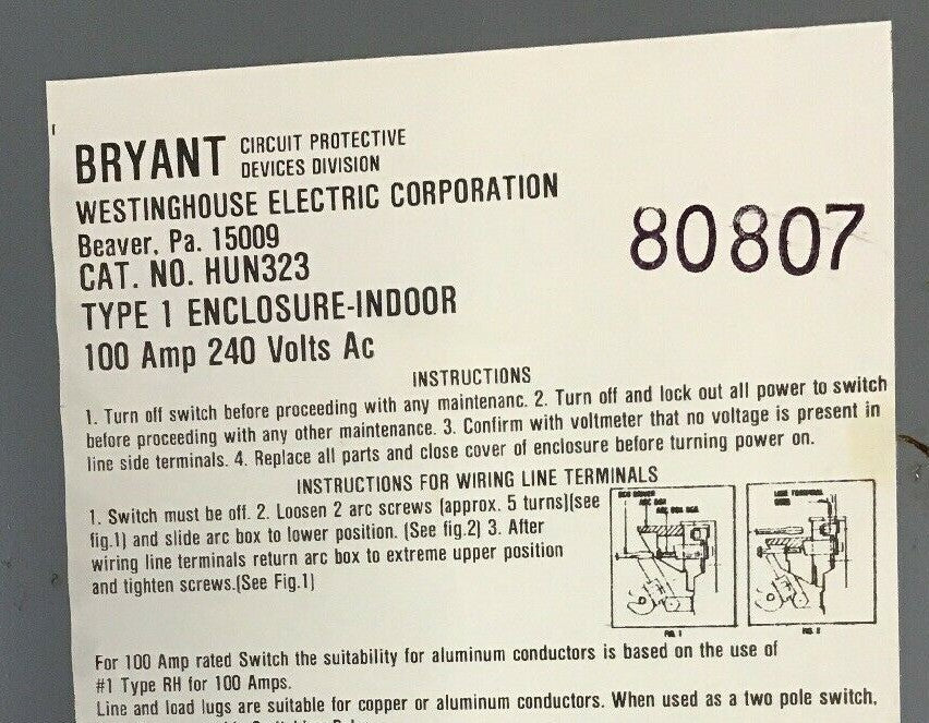 WESTINGHOUSE HUN323 SAFETY SWITCH 100A 240VAC TYPE1 ENCLOSURE-INDOOR9