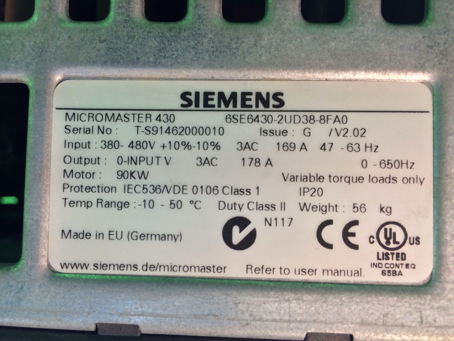 SIEMENS MICROMASTER 430 DRIVE 6SE6430-2UD38-8FA0, 120HP/90kW, 380-480V3