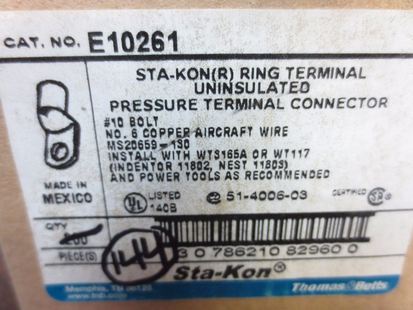 THOMAS & BETTS STA-KON RING TERMINAL E10261 (144) + BUTT SPLICE CC2-TB (172) 0