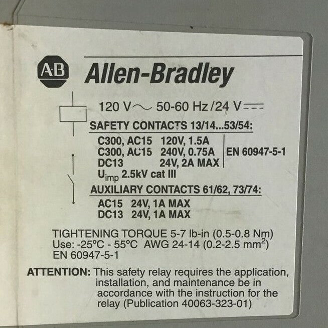 ALLEN BRADLEY 700-ZBR520AZ1 SAFETY RELAY SER.A 120VAC 24VDC 50-60HZ 7