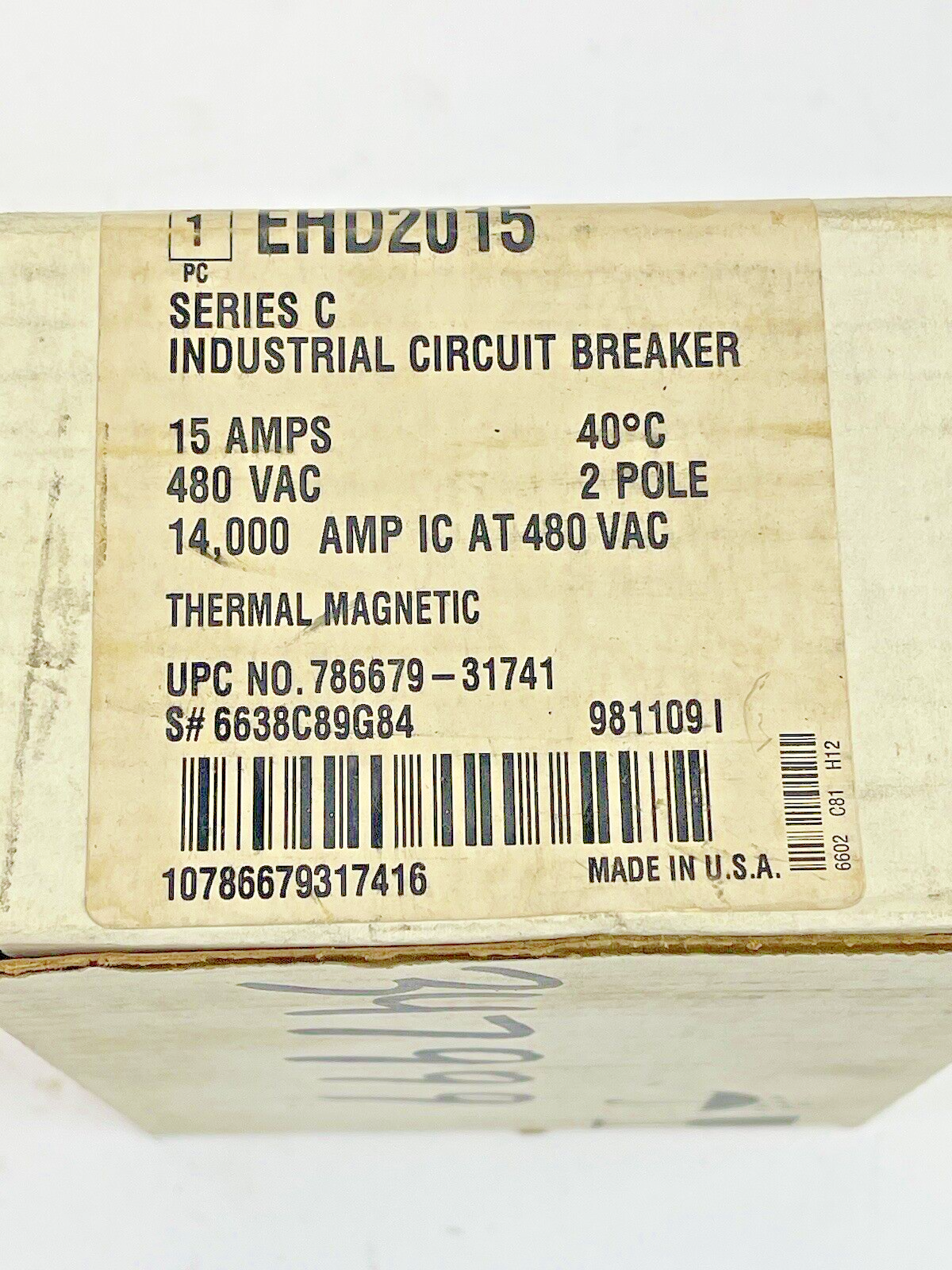 CUTLER HAMMER - WESTINGHOUSE - EHD2015 - CIRCUIT BREAKER - 15A/2 POLE/480 VAC3