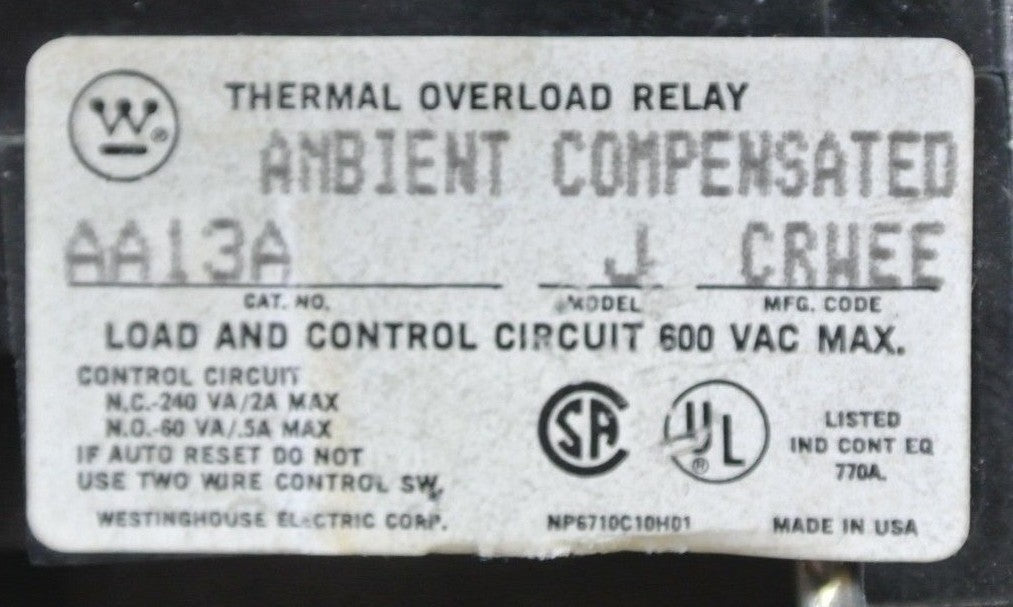 WESTINGHOUSE 505C808G15 / 9084A71HD1 STARTER w/ AA13A OVERLOAD RELAY - 24V 60Hz7