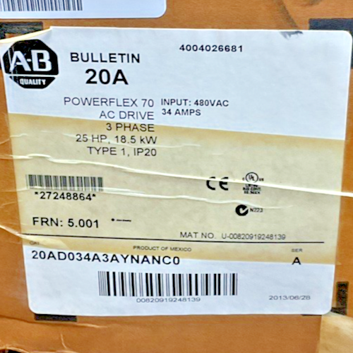 ALLEN BRADLEY 20AD034A3AYNANC0 POWER FLEX AC DRIVE 70 FRM 5.0019