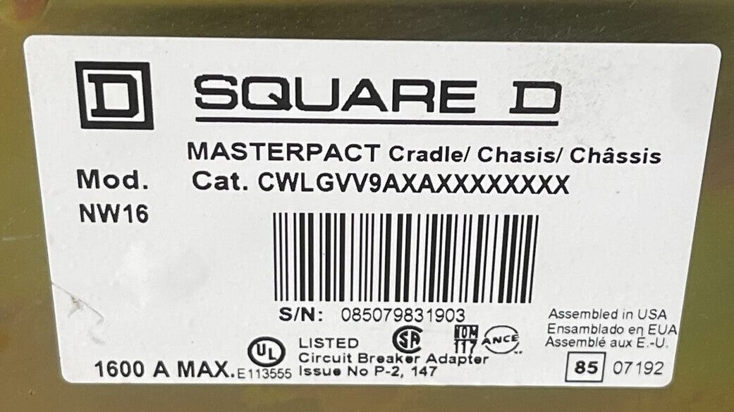 SQUARE D CWLGVV9AXAXXXXXXXX MASTERPACT CRADLE / CHASIS 1600A MOD NW16