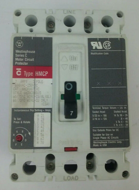 WESTINGHOUSE HMCP007COC SER.C MOTOR CIRCUIT PROTECTOR 7AMP 3POLE 600VAC 250VDC