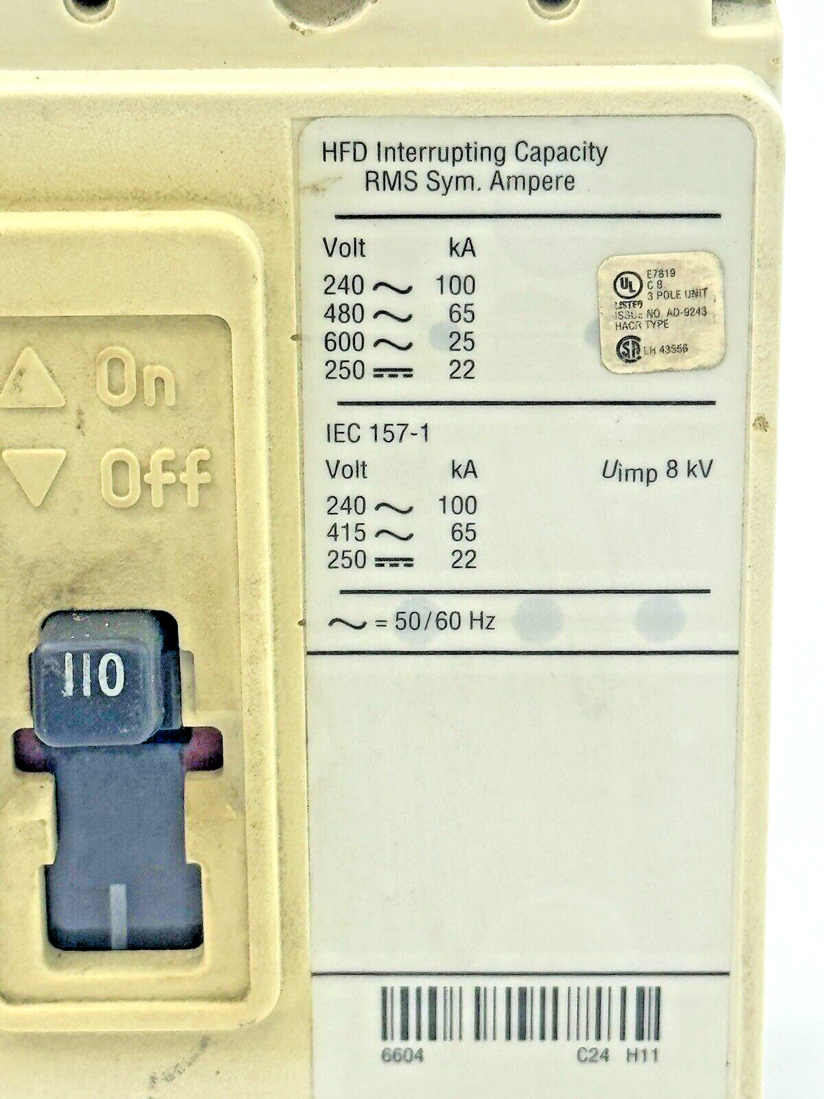 EATON - CUTLER-HAMMER - HFD3110 - CIRCUIT BREAKER - 3POLE/110A/600 VAC/HFD65K