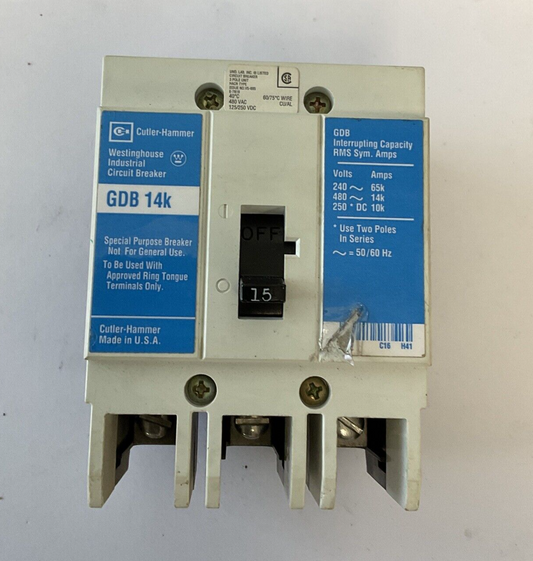 WESTINGHOUSE GDB 14K CIRCUIT BREAKER 15A 480VAC 3POLE 50/60HZ GDB3015