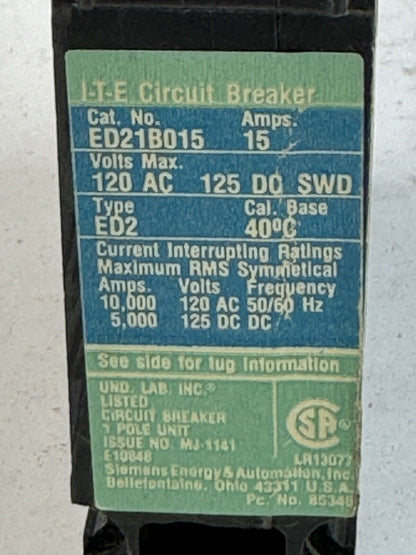 SIEMENS / ITE - ED21B015 - MOLDED CASE CIRCUIT BREAKER - 1 POLE, 15A, 120 VAC