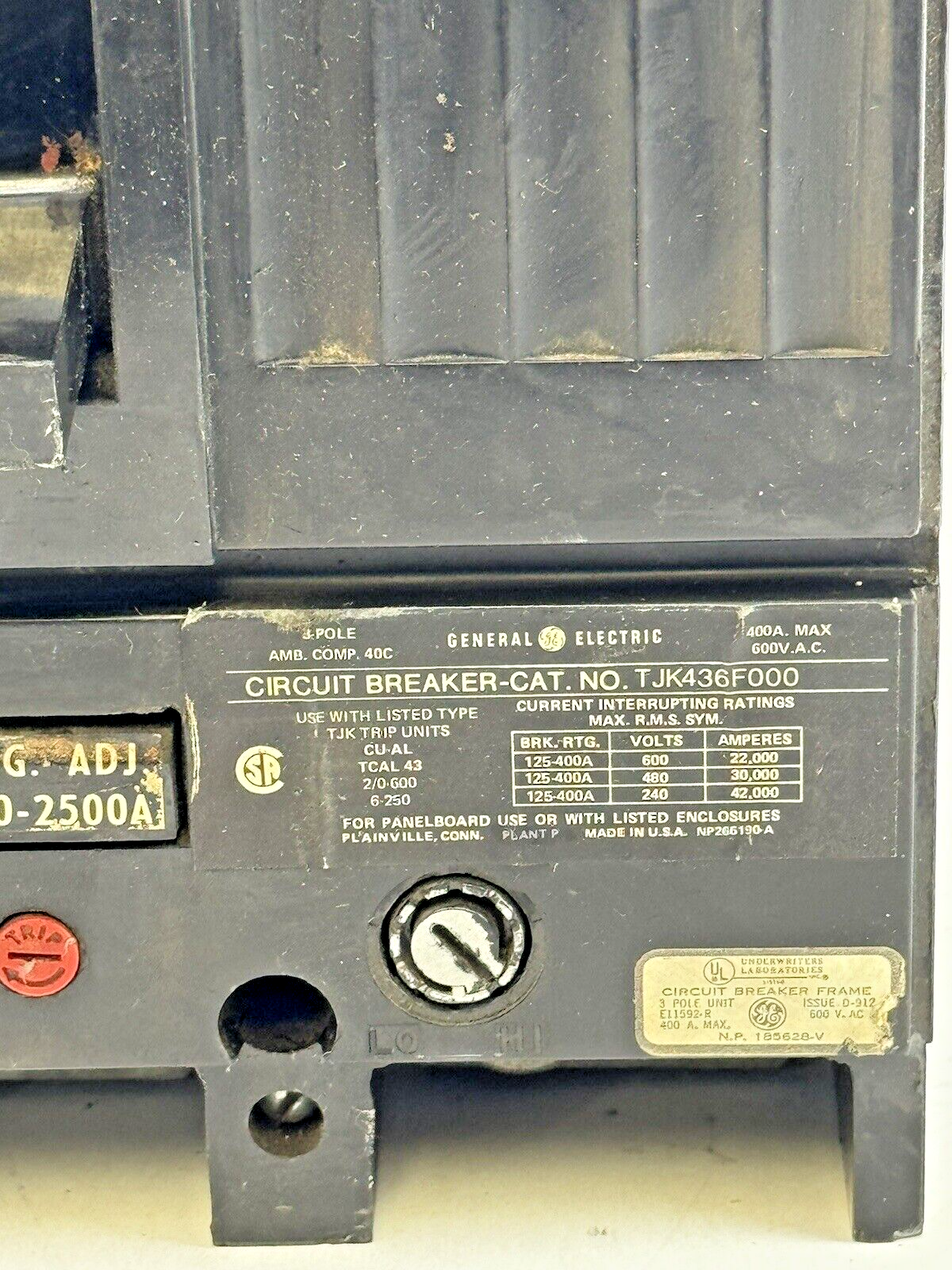 GE - TJK436F000 - CIRCUIT BREAKER W/ 250A TRIP & AUX SWITCH - 3 POLE/600VAC/400A