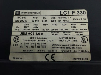 TELEMECANIQUE LC1F330 CONTACTOR, 3PH, 600V, 370A, 250HP, W/ 24V 40/400HZ  COIL