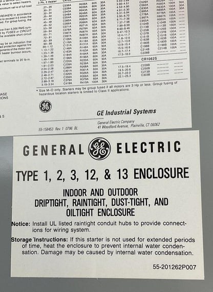 GENERAL ELECTRIC CR1062S3AAT302R MANUAL MOTOR STARTER 3POLE 120V