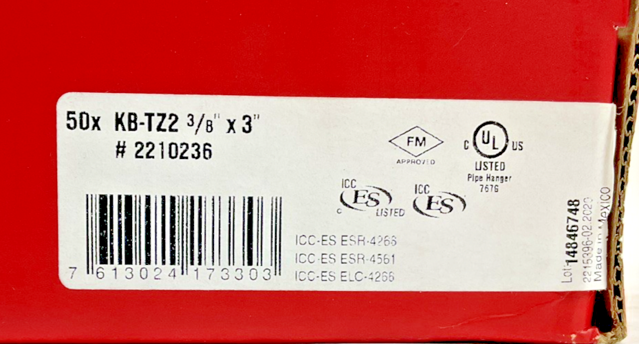 HILTI KB-TZ2 3/8” X 3” EXPANSION ANCHORS ***BOXOF50***