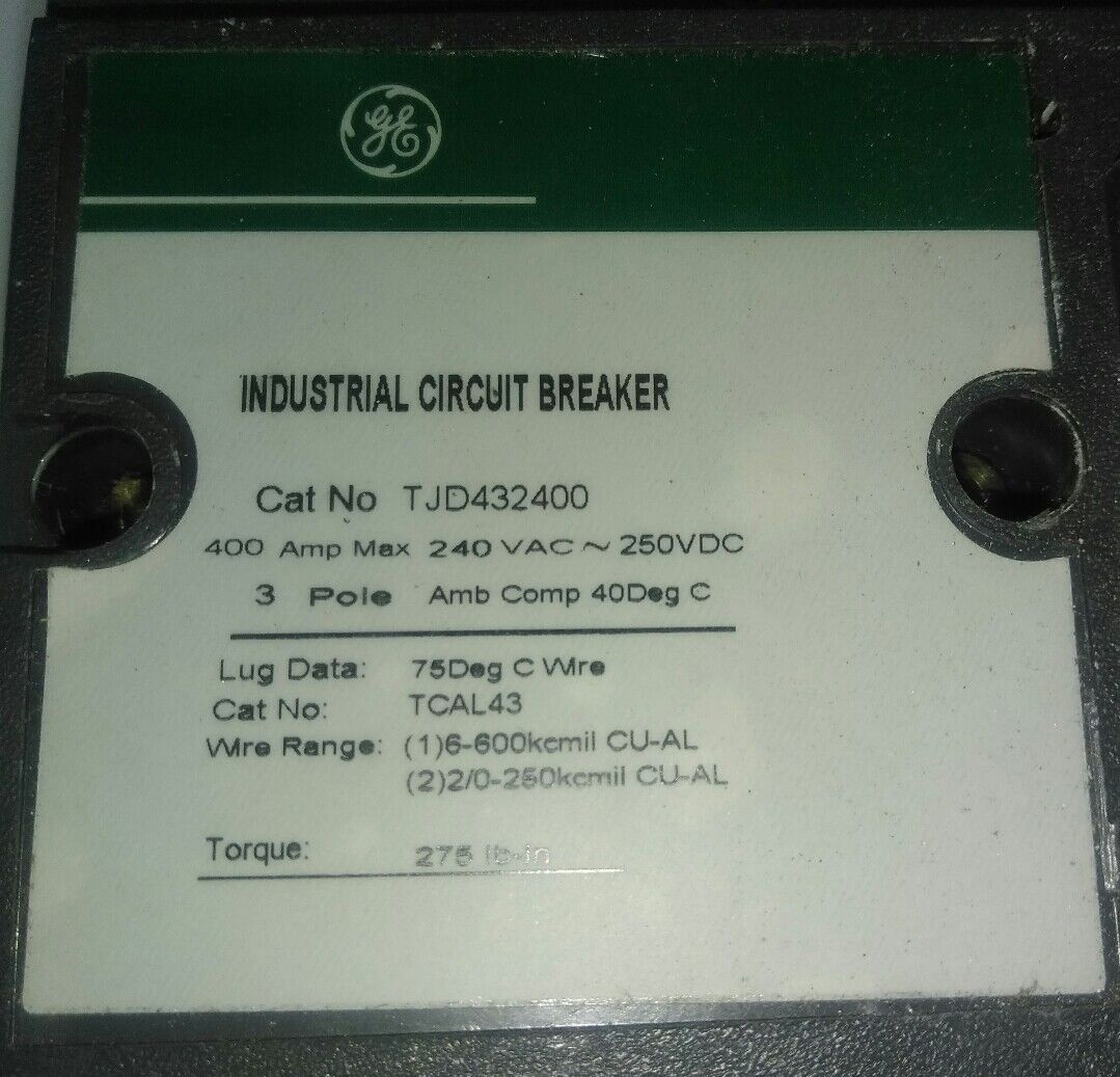 GE TJD432400 CIRCUIT BREAKER 400A, 240V, 3P, 250VDC, KA 22, LUG CAT#TCAL43, USED