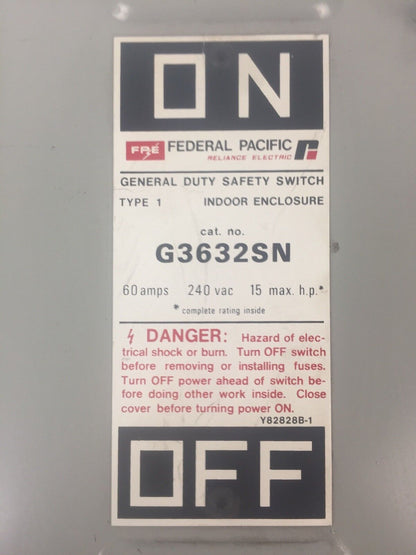 FPE H3632SN FUSIBLE SAFETY SWITCH 240VAC 250VDC 60AMP 15HP 3PH 3 POLE TYPE 1