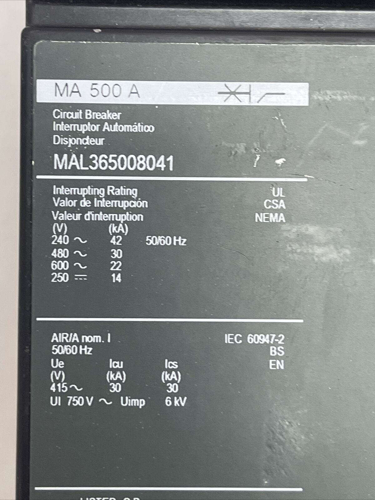 SQUARE D MAL365008041 CIRCUIT BREAKER 500A 600VAC 250VDC 3P MA11021 SHUNT TRIP