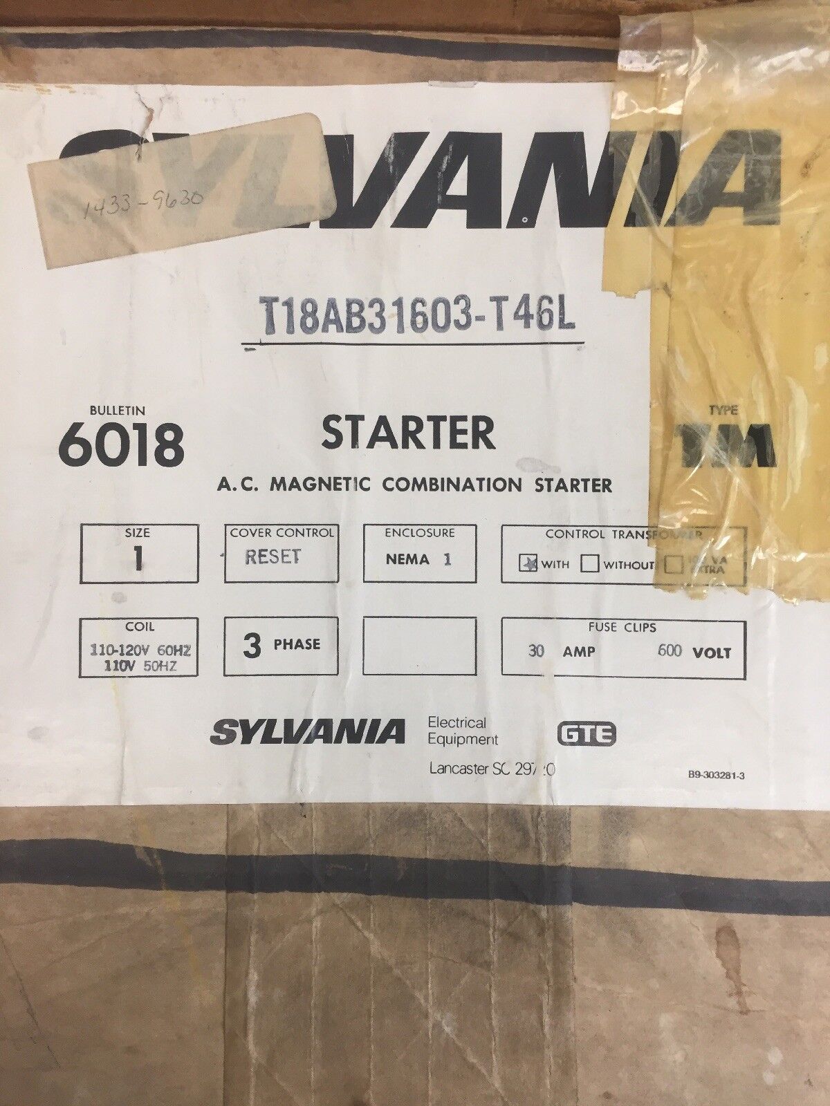 SYLVANIA T18AB31603-T46L A.C. MAGNETIC COMBINATION STARTER 30A 600V COIL 110-120