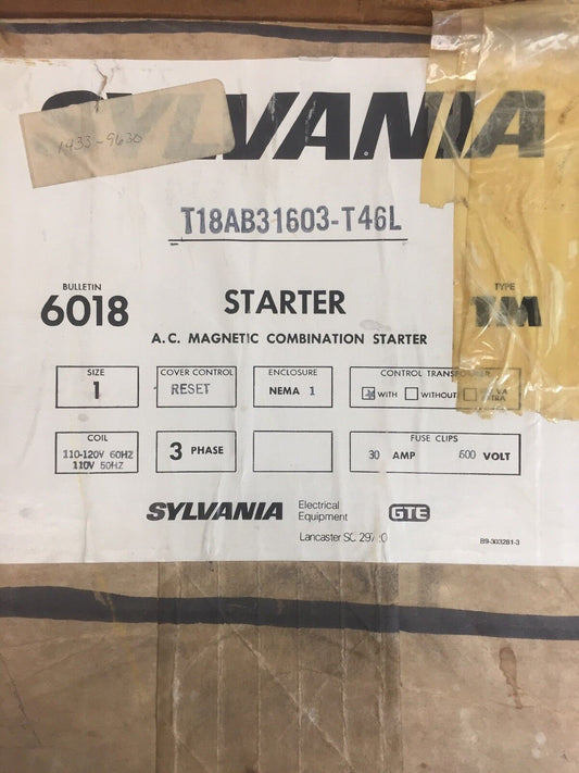 SYLVANIA T18AB31603-T46L A.C. MAGNETIC COMBINATION STARTER 30A 600V COIL 110-120