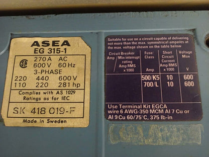 ASEA EG315-1 CONTACTOR, 3PH, 600V,100-200H.P., 270A CONT, SIZE 5,120V COIL,USED