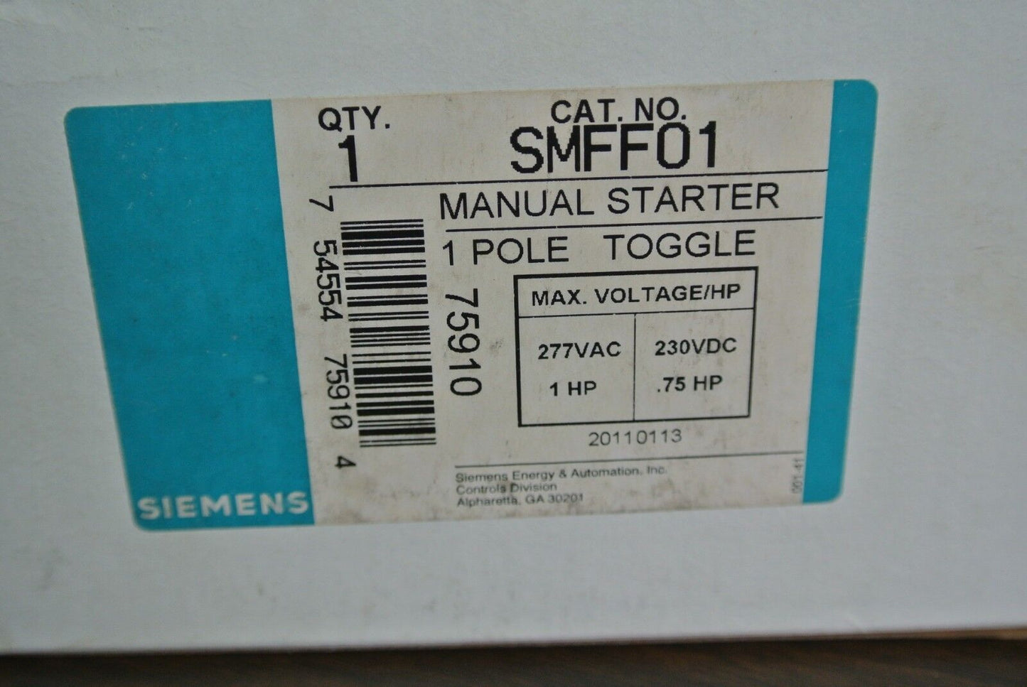 SIEMENS SMFF01 - MANUAL STARTER - 1-POLE - TOGGLE - 277VAC, 230VDC  NEW SURPLUS