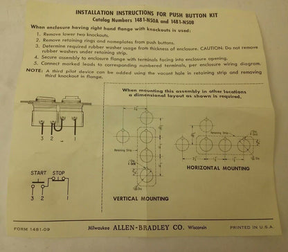 ALLEN BRADLEY 1481-N50A SER.A PUSH BUTTON KIT SIZES 0-1-2-3, START STOP, 800TXD1