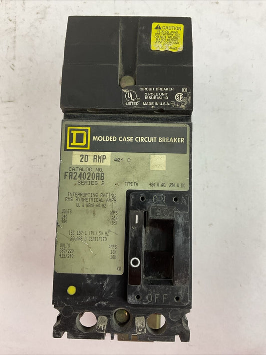 SQUARE D FA24020AB 2POLE MOLDED CASE CIRCUIT BREAKER 20AMP 480VAC 250VDC