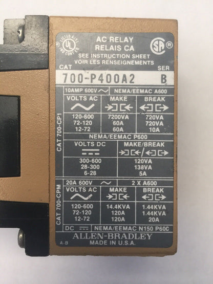ALLEN BRADLEY 700-PL400A2 SER C AC RELAY W/ 700-PLLA2 700-P400A2 PA254 PL254