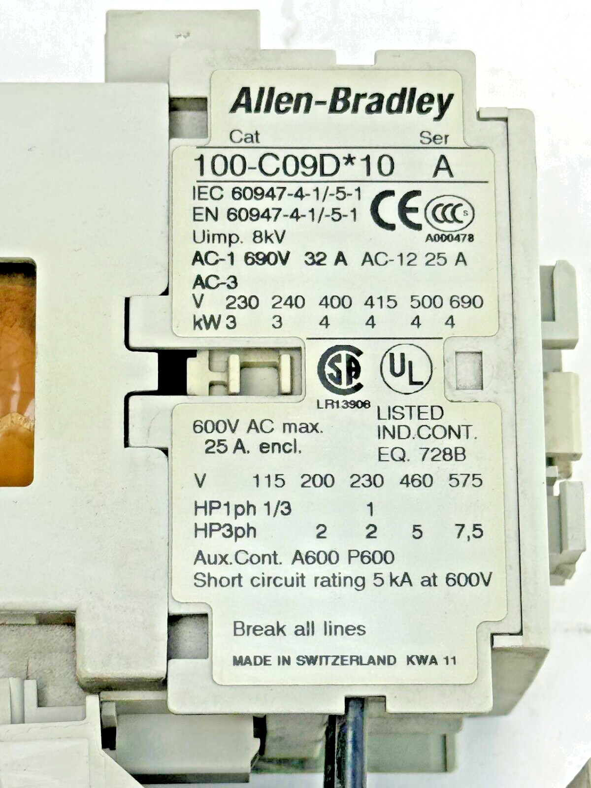 ALLEN-BRADLEY 100-C09D*10 SER. A CONTACTOR W 24VDC COIL & 193-EA1DB SER. B RELAY