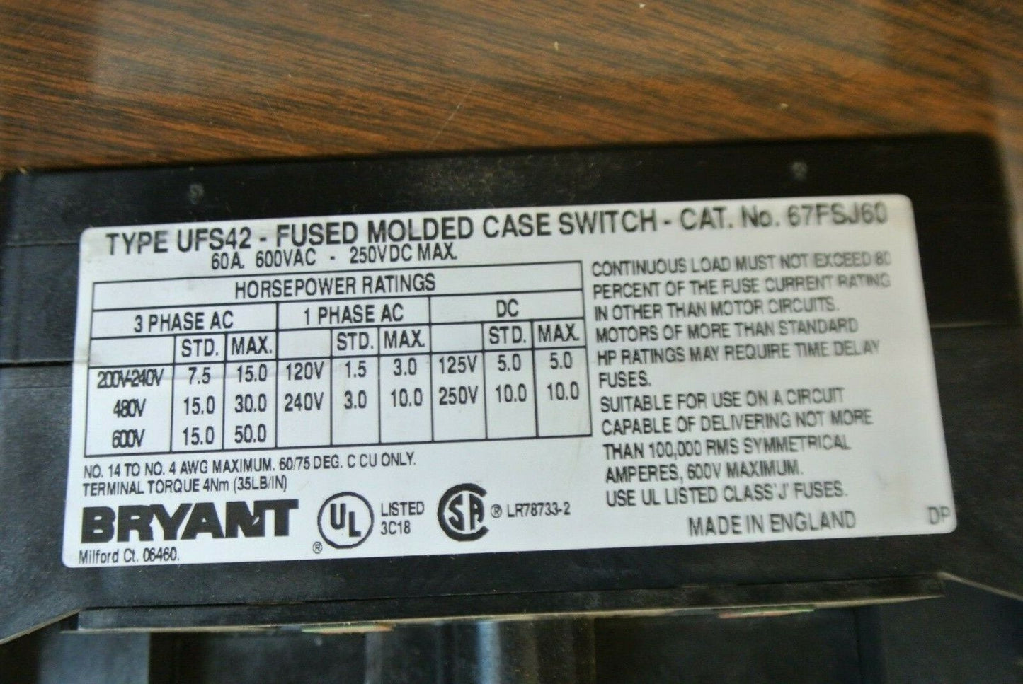 BRYANT 67FSJ60 FUSED DISCONNECT SWITCH / 60A / 3-POLE / TYPE J / NEW SURPLUS