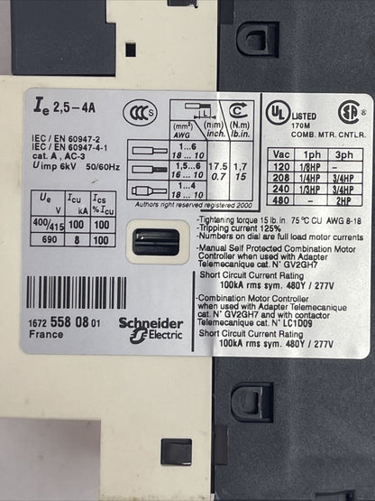 TELEMECANIQUE GV2-P08H7/2.5-4A MANUAL MOTOR STARTER CIRCUIT BREAKER 2.5-4A 2HP