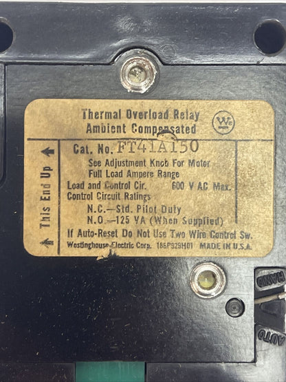 WESTINGHOUSE FT41A150 THERMAL OVERLOAD RELAY 600VAC