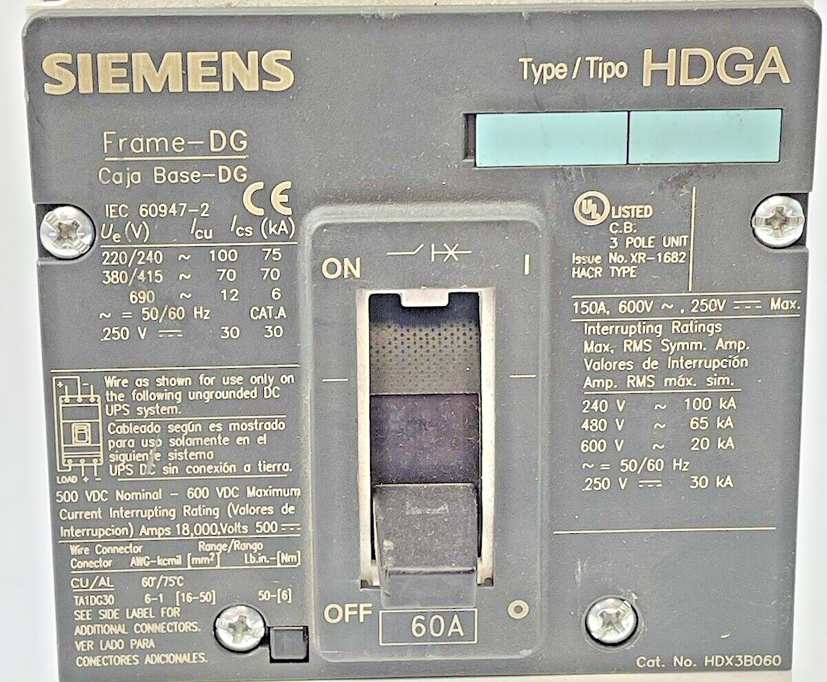 SIEMENS - HDX3B060 -CIRCUIT BREAKER-60 A, 600 VAC, FRAME-DG, 3VL2106-2KN30-0AA0