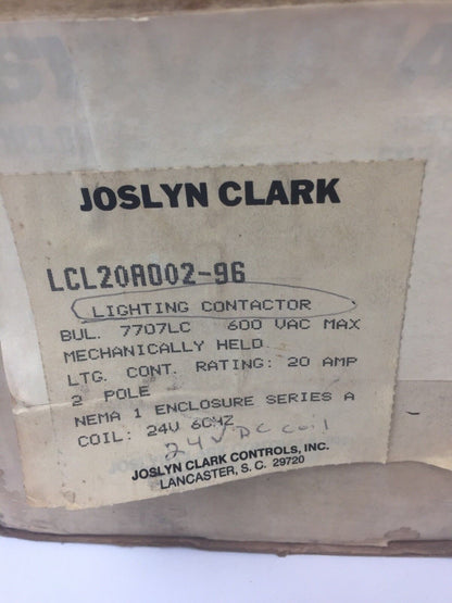 JOSLYN CLARK SYLVANIA LCL20A002-96 LIGHTING CONTACTOR 600VAC 20A COIL 24VDC 60H