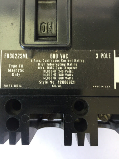WESTINGHOUSE FB3022SML CIRCUIT BREAKER 3AMP 600VAC 3POLE 4998D89G21