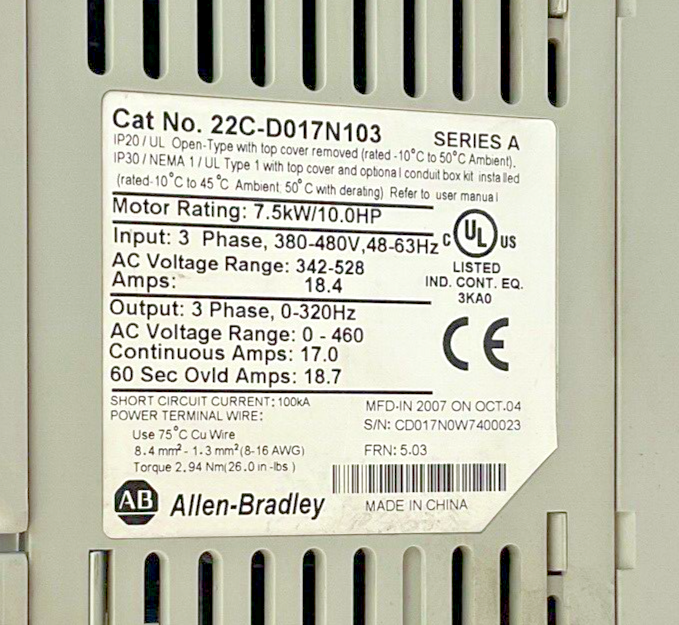 ALLEN-BRADLEY  22C-D017N103 DRIVE SER.A FRN:5.03 POWERLEX 400 7.5KW 10HP