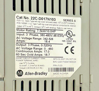 ALLEN-BRADLEY  22C-D017N103 DRIVE SER.A FRN:5.03 POWERLEX 400 7.5KW 10HP