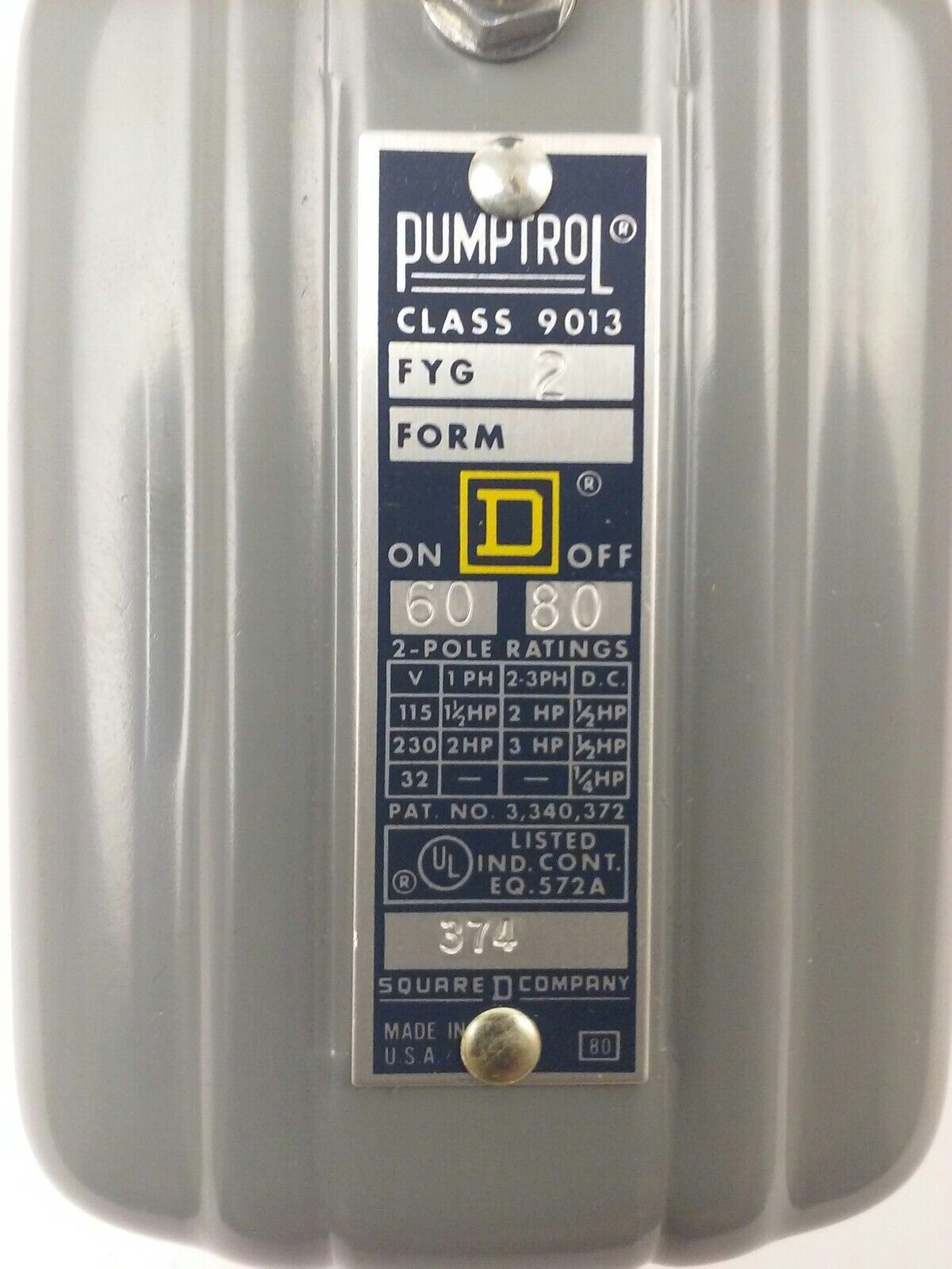 SQUARE D 9013 FYG2 PRESSURE SWITCH, 60-80PSI, 2P, 3PH, 115/230/32V, 3HP