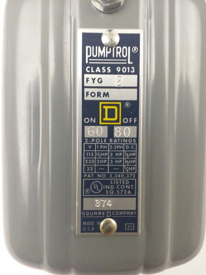SQUARE D 9013 FYG2 PRESSURE SWITCH, 60-80PSI, 2P, 3PH, 115/230/32V, 3HP