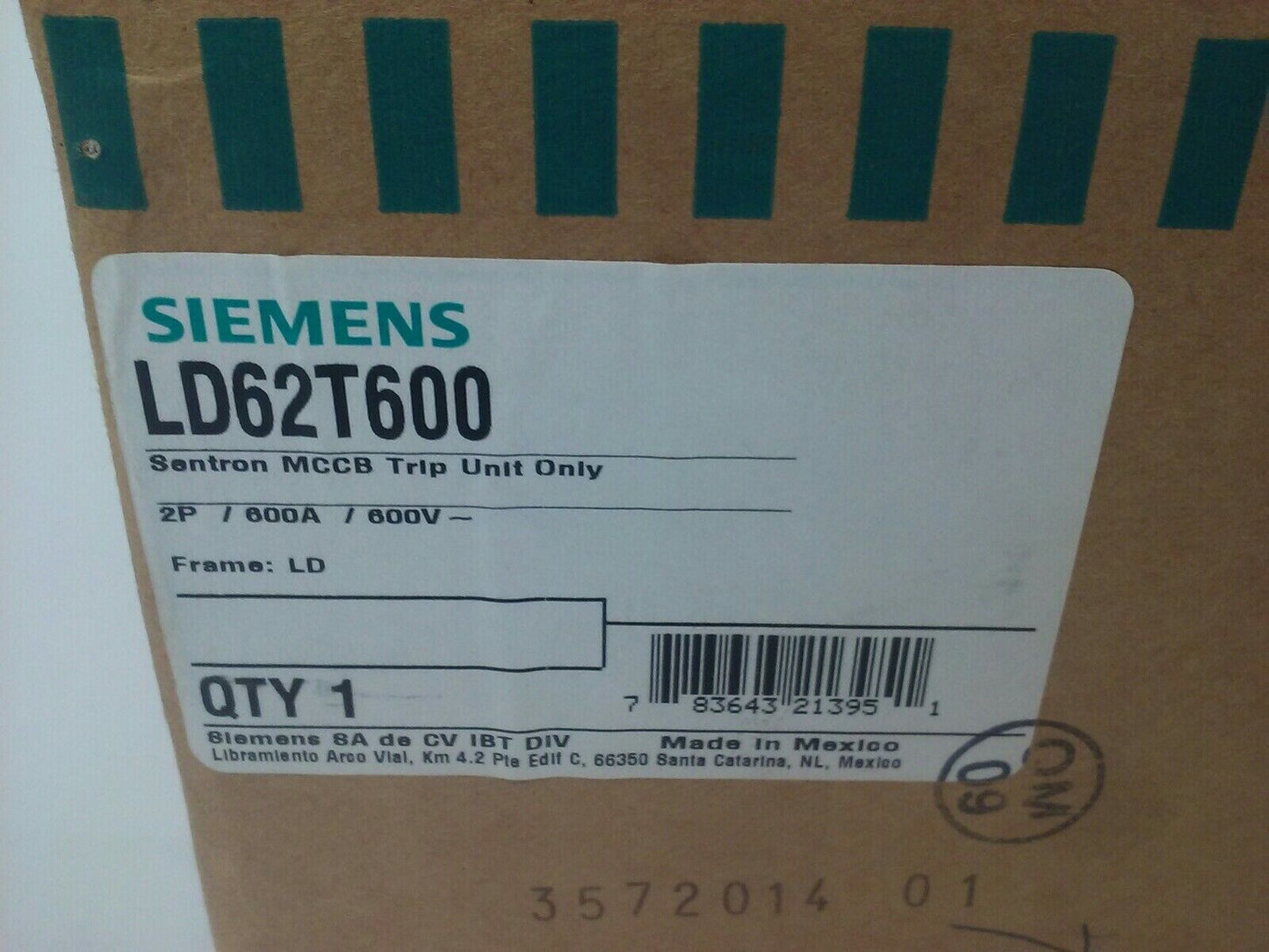 SIEMENS LD62T600 SENTRON MCCB TRIP UNIT ONLY 2P 600A 600V FRAME LD TYPE LD6